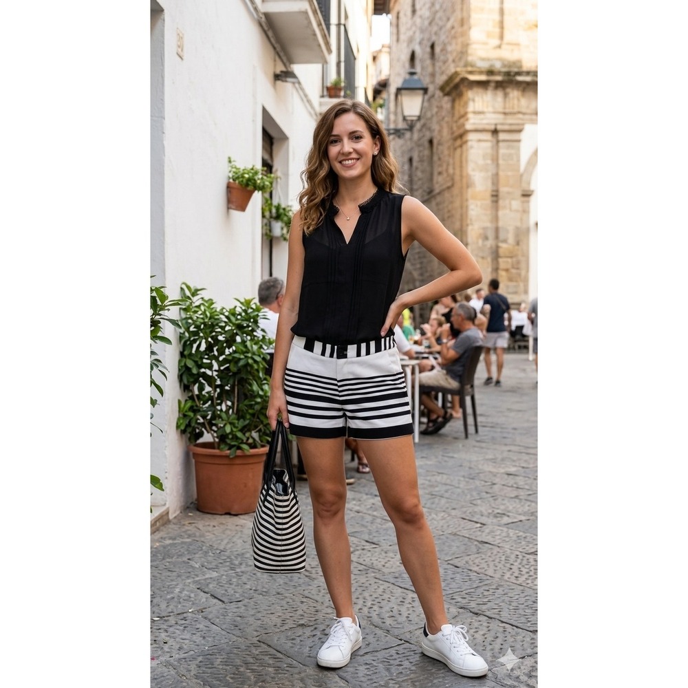 Eden Society Womens Black White Striped Ribbed Tailored Shorts High Waist Sz S